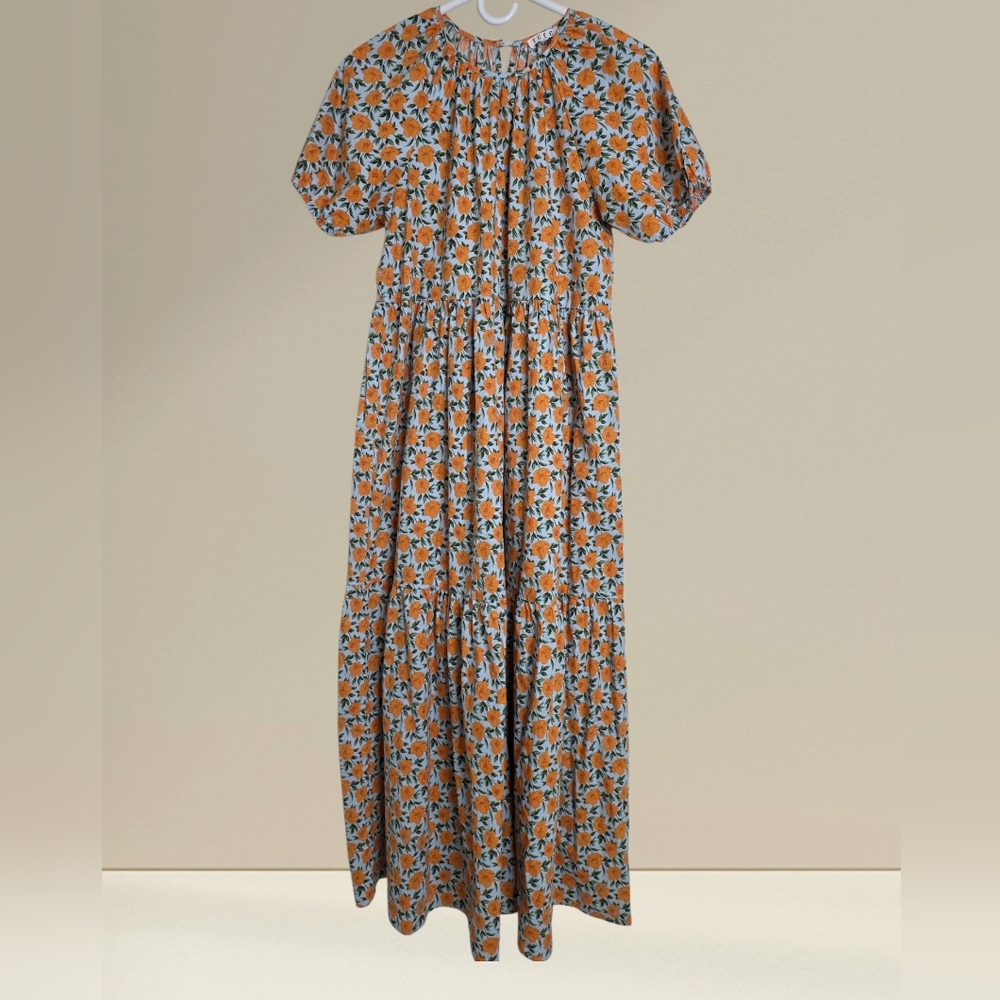 ​TCEC 100% Cotton Floral Maxi Dress S Orange Blue Puff Sleeve Tiered Summer